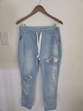 Grey Violet Made in Italy Sequin Star Distressed Light Wash Joggers Pants S/M